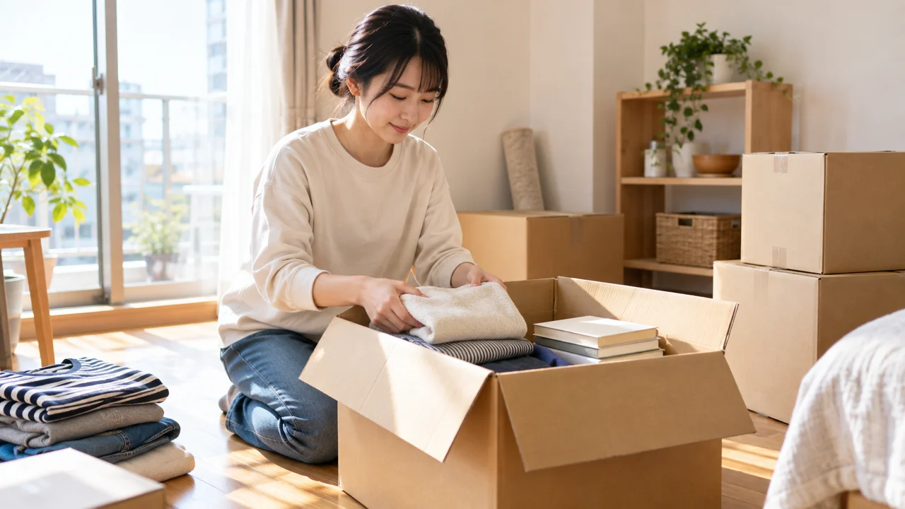引越し前に衣類や本を整理するイメージ