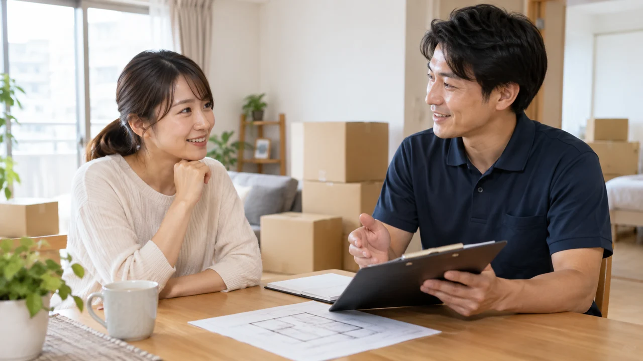 引越しの日程や荷物について担当者に相談するイメージ